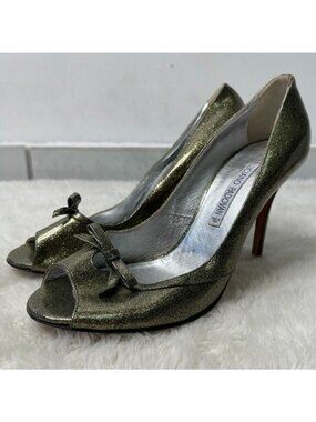 Luciano Padovan Gold Glitter Vinyl Bow Peep Toe Heels Made in Italy Size 39.5